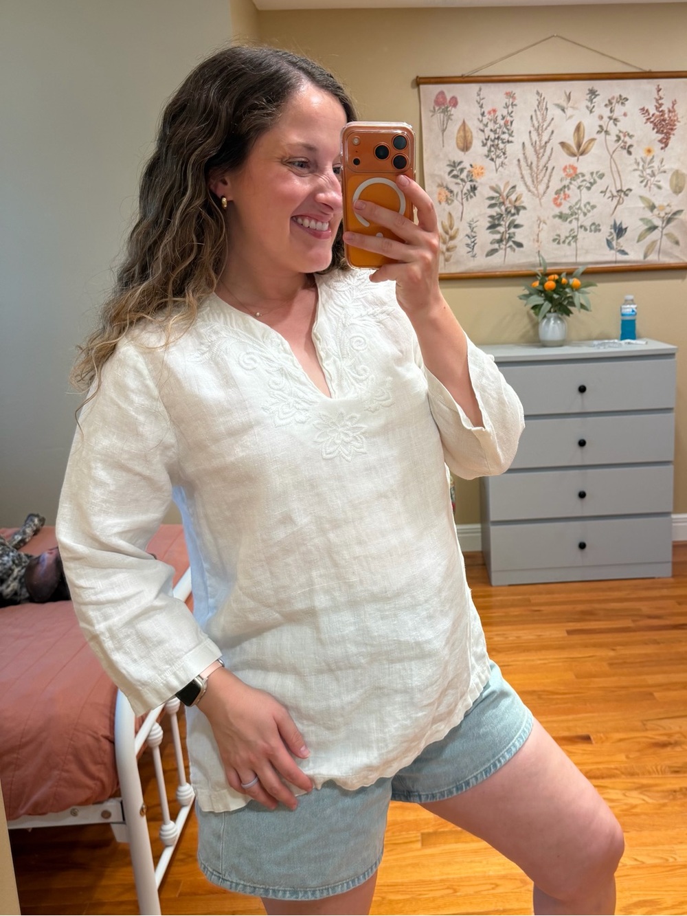 Vintage Hot Cotton Embroidered White Cream Linen Tunic Top Medium